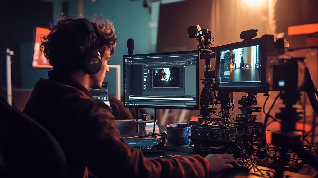 young man headphones sits desk editing video footage large monitor while two professional cameras are set up beside him ready film scaled 1